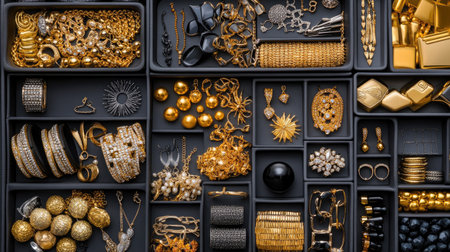 Luxurious golden jewelry neatly arranged in modern organizer over grey backdropの素材