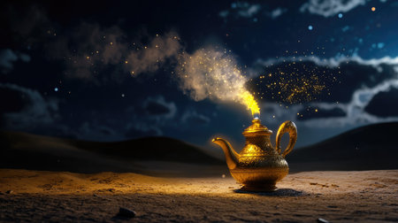 Fantasy scene of lamp with sparkling magic smoke in nighttime desertの素材