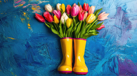 Legs in bright rain boots holding fresh tulips over artistic blue backdropの素材