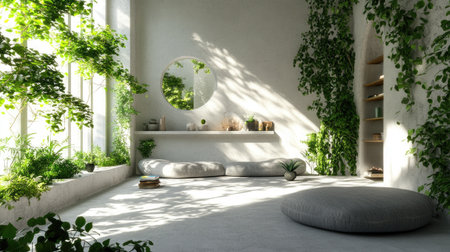 Light minimalist living room, grey seating, open shelving, greenery accents, and cozy soft texturesの素材