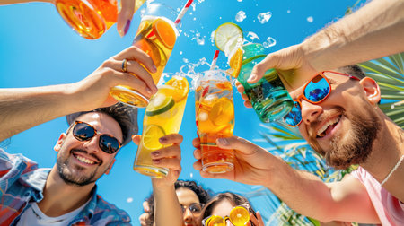 Happy friends with glasses sharing laughter and good vibes in casual settingの素材