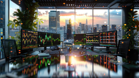 High-tech trading workspace with glowing screens and panoramic city view at dusk, symbolizing global finance and urban successの素材