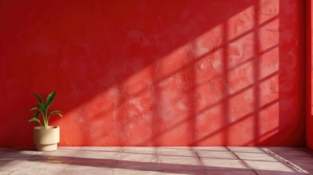 Minimalist red wall background with window shadow pattern, perfect for product placement and presentationsの素材