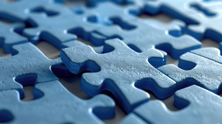 Close-up of blue jigsaw puzzle pieces fitting perfectly with smooth gradient shadows, symbolizing teamworkの素材