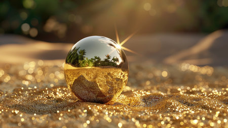 Glossy gold metallic ball with smooth reflections, placed on shimmering golden surface for premium effectの素材