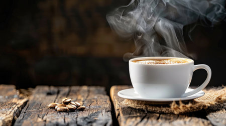 Steaming cup of hot coffee placed on rustic wooden table, cozy and inviting atmosphereの素材