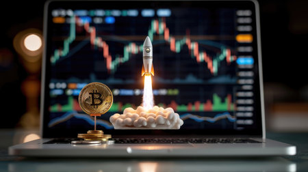 Rocket launching in background while laptop shows bullish stock chart, symbolizing "to the moon" crypto and market uptrend conceptの素材
