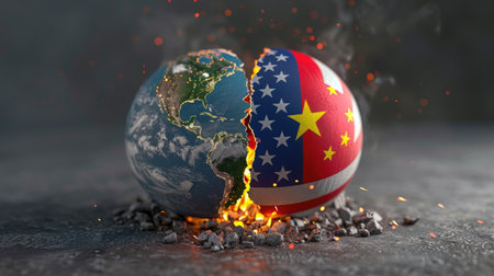 Divided earth with burning US and China flags, illustrating intense trade conflict and geopolitical tensionの素材