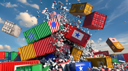 3D cargo containers marked USA, Mexico, Canada crashing together, symbolizing North American tariff war and trade disputesの素材