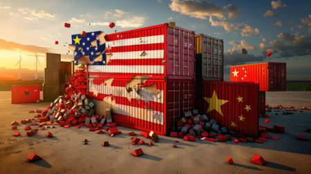 Crashed shipping containers with US and China flags at sunset, symbolizing escalating trade conflictの素材