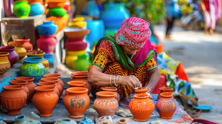 Artisan woman selling traditional clay pots in vibrant outdoor street marketの素材