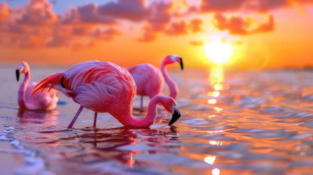 Graceful pink flamingos stand in calm water under vivid orange sunset, peaceful tropical vibeの素材