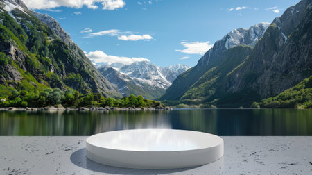 Round podium placed before serene mountain lake view, clean nature-inspired product stageの素材