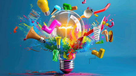 Abstract light bulb surrounded by vibrant colors and symbols of innovation and creativityの素材