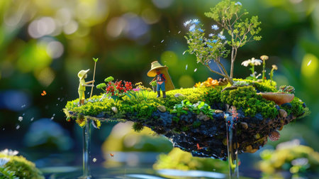 Lush miniature landscapes with small explorers gardening on dreamy flying islandsの素材