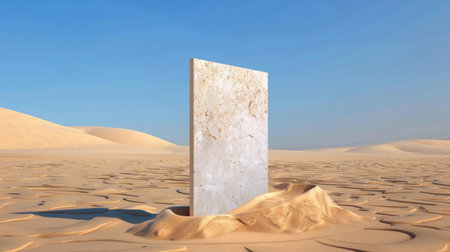 3D display stand in minimal desert landscape, vast dunes and dry horizon in backgroundの素材