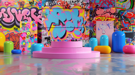 Abstract graffiti backdrop with minimalist podium, modern street-style display, 3D renderingの素材