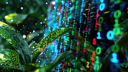 Abstract background with digital hexadecimal code blending into organic textures, data meets natureの素材