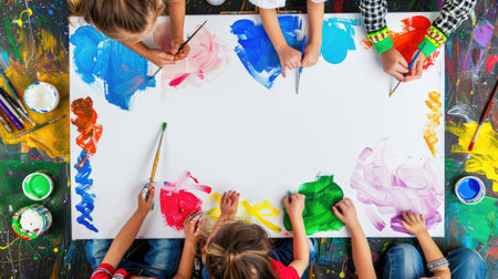Kids gathered around blank easel with art tools, expressing creativity through paintingの素材