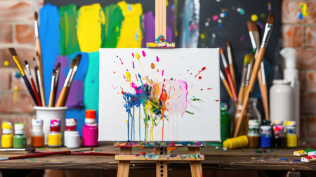Clean canvas on easel with colorful painting tools, waiting for artistic inspirationの素材