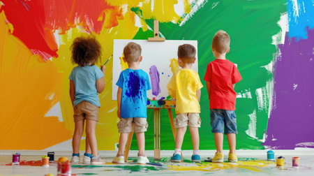 Children in bright clothes stand near empty easel with paints, ready for fun drawing timeの素材