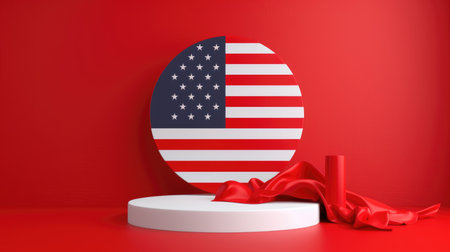 Showcase stage in front of bold USA flag, minimal design for national or veteran themesの素材
