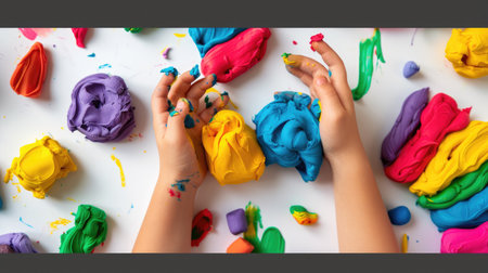 Child hands shaping vibrant clay, playful creative activity with plasticine on whiteの素材