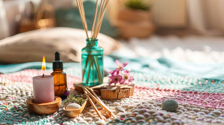 Aromatherapy kit with teal and pink wellness tools arranged peacefully on cozy bedspreadの素材