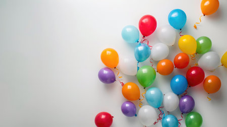 Celebrate life with bright floating balloons on white, joyful vibe and space for text or designの素材