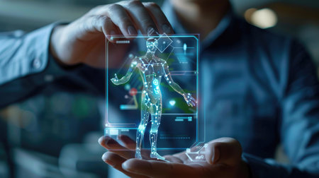Glowing humanoid AI hologram transferring data to a human, symbolizing AGI and superintelligence in the singularity eraの素材