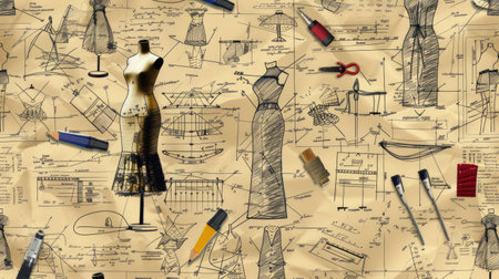 Repeating vector pattern of vintage dress sketches and paper templates, fashion and tailoring designの素材