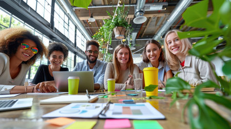 Business leaders share a light moment while collaborating on tech project in corporate workplaceの素材