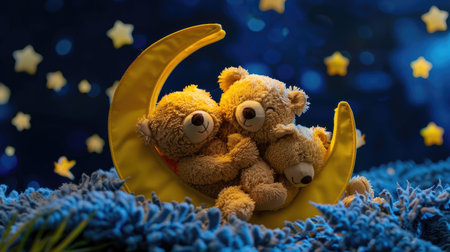 Crescent moon cradle holds three soft teddy bears asleep under a gentle night glowの素材