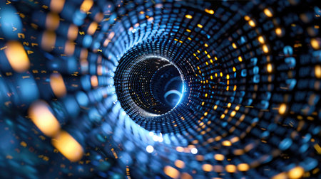 Spiraling tunnel in dark blue cyberspace with glowing tech elements, symbolizing data travelの素材
