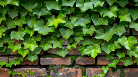Climbing ivy leaves in green tones creeping along rustic brick backgroundの素材