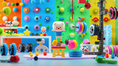 Cartoon-style gym scene with cute characters lifting weights and using equipment in 3Dの素材