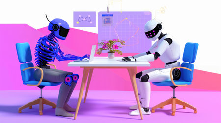 Human and AI virtual assistant working side by side at a desk, representing the singularity and support automationの素材