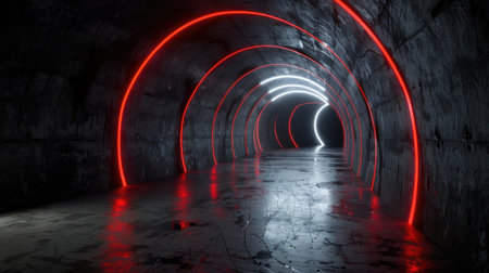 Immersive dark tunnel in 360-degree panoramic view, endless curves and glowing edges in a seamless 3D environmentの素材