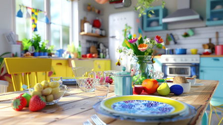 Cute cartoon-style dining table set with plates and food in a bright kitchen environment, 3D renderingの素材