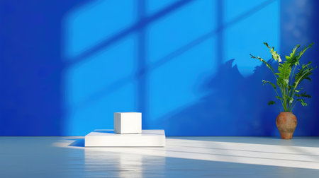 Bold blue studio background with flat surface and open space for product presentation or brandingの素材