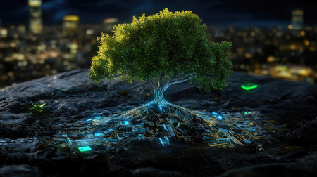 Abstract glowing tree rooted in urban landscape representing data growth and futuristic digital citiesの素材