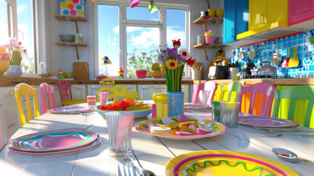 Cute cartoon-style dining table set with plates and food in a bright kitchen environment, 3D renderingの素材