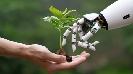 A robotic and human hand exchange a small plant, representing eco-innovation and harmony between AI and natureの素材