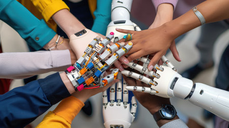 Diverse group forming a hand stack with a robotic hand, representing AI-human cooperation and autonomous teamworkの素材