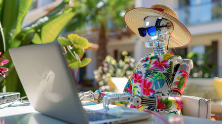 Humanoid robot dressed in tropical shirt and straw hat at futuristic travel desk, symbolizing AI in tourismの素材