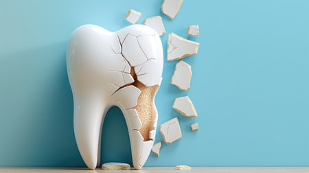 Detailed 3D render of a cracked tooth showing damage and enamel fracture, dental health conceptの素材