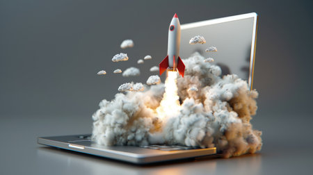A rocket takes off from a glowing laptop, symbolizing automation future powered by copilot chatbots and agentic botsの素材