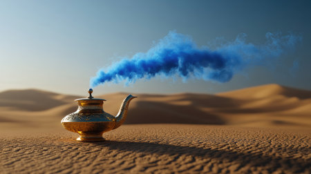 Ancient magic lamp emitting bright blue smoke into cool desert airの素材