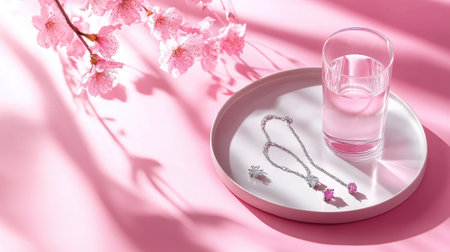 Elegant silver jewelry placed neatly on modern tray over soft pink backgroundの素材
