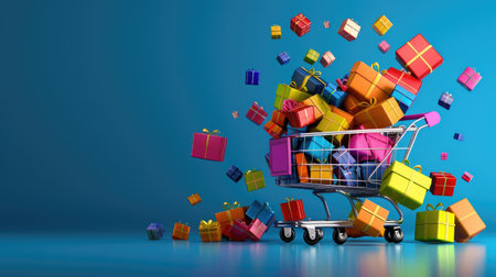 3D illustration of a full shopping cart with stacked gift boxes in vibrant colors on a clean backgroundの素材